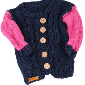 Handmade Hand Knit Acrylic Cable Knit Navy Blue & Pink Spring Cardigan Sweater